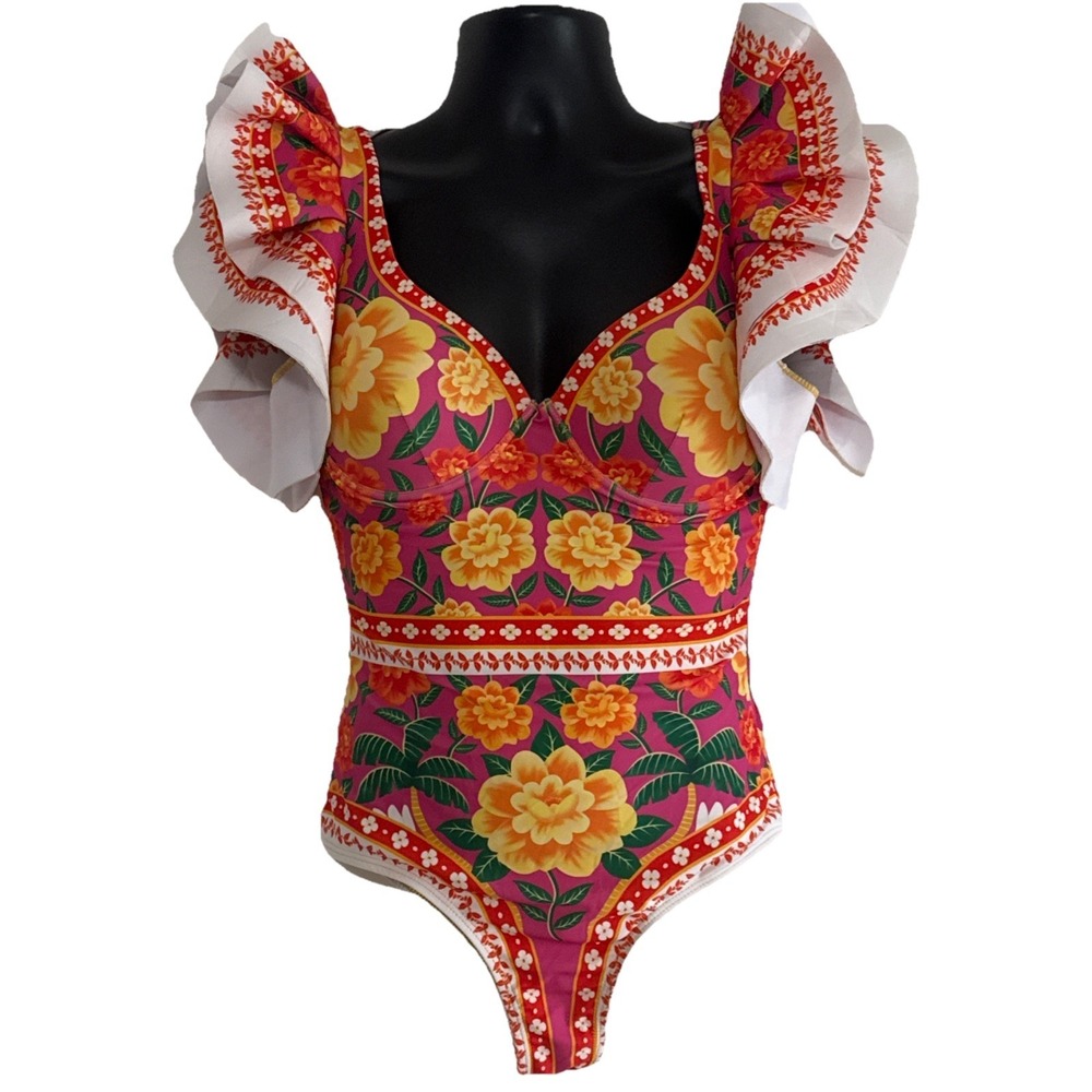 Flawmaker Ruffled Floral Vibrant Colors One Piece Swimsuit No Size See Measure